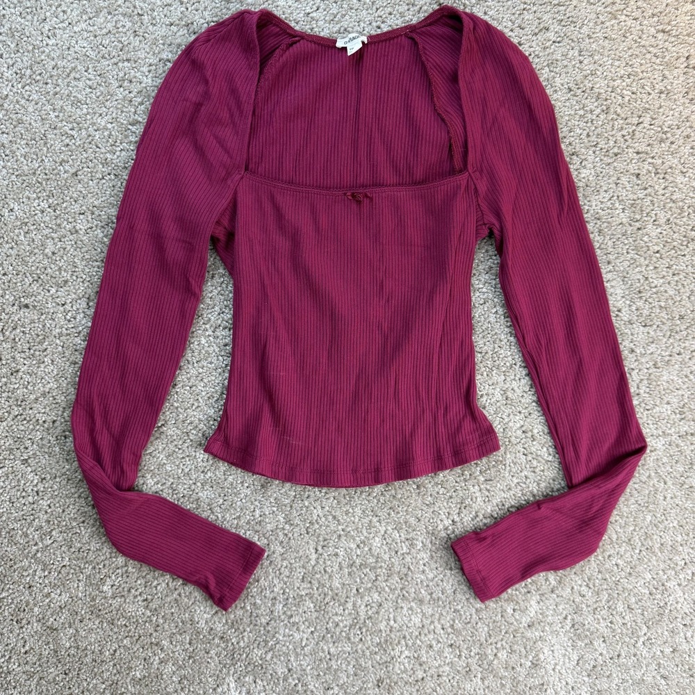 Garage Shirt Womens XS Pink Ribbed Square Neck Long Sleeve Bow Knit Stretch Top
